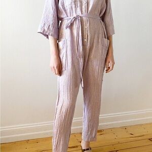 Raquel Allegra Lavender with metallic gold linen Button-Up Jumpsuit size 1